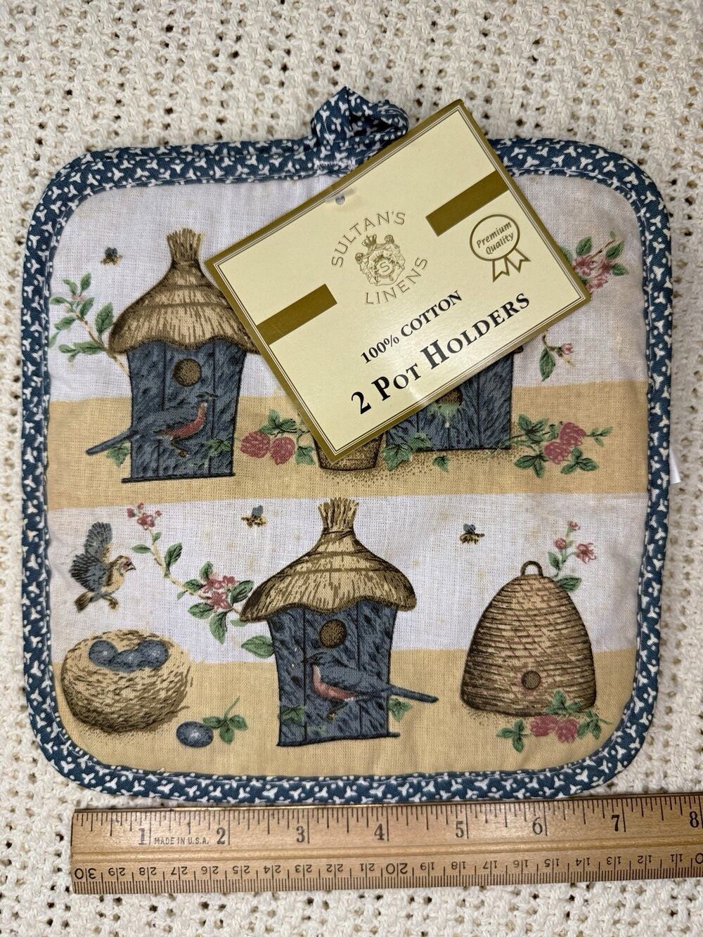 Vintage Sultan's Linens Pot Holders Set of 2 Birdhouse Beehive Cottagecore NWT
